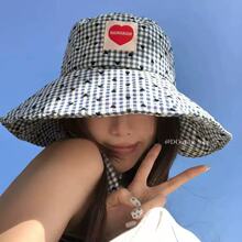 爱心格纹渔夫帽子女夏季日系甜美户外防紫外线可折叠大帽檐防晒帽
