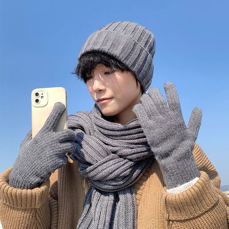 Huivi kolmiosainen lämpöpuku syksyllä ja talvella paksunnettu yksivärinen neulottu villahattu käsineet_voghion.com