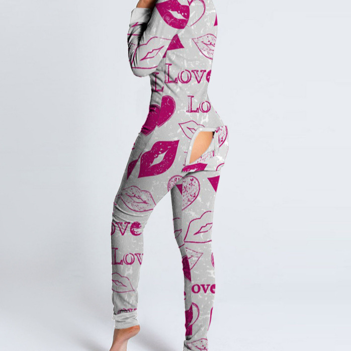 Foreign Trade Autumn and Winter European and American Button Flip Adult Pajamas Front Functional Gray Long-Sleeved Home Wear Jumpsuit Foreign Trade Autumn and Winter European and American Button Flip Adult Pajamas Front Functional Gray Long-Sleeved Home Wear Jumpsuit