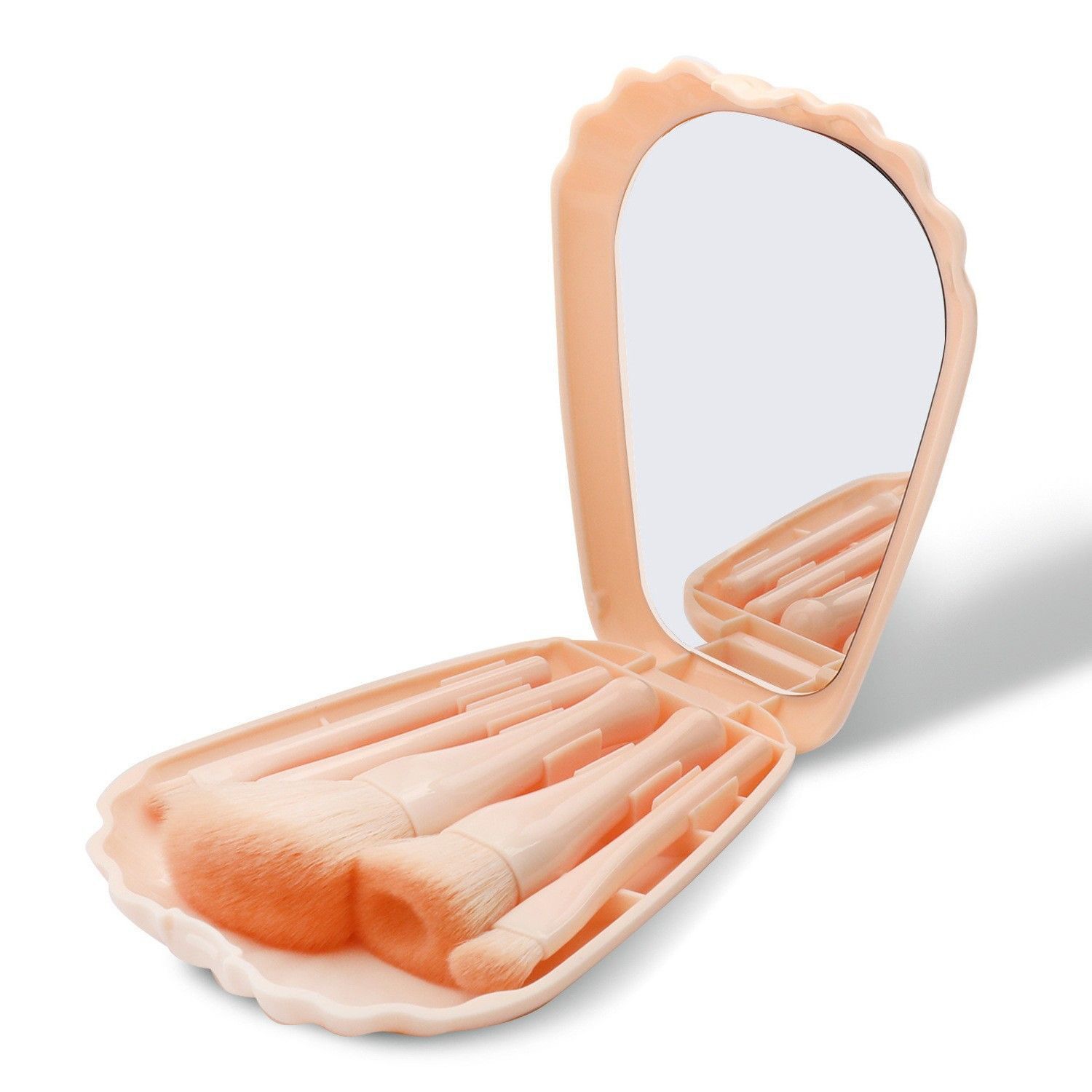 Juego de 5 pinceles de maquillaje de concha con espejo Cepillo de sombra de ojos para principiantes Cepillo de rubor Cepillo de reparación Cepillo de maquillaje portátil