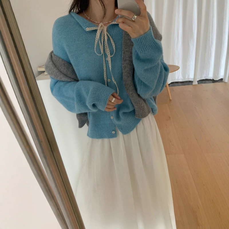Korean Sweet Bow Lace Collar Sweater Cardigan Jacket Autum French Soft Waxy Knitted Knitwear Top for Women
