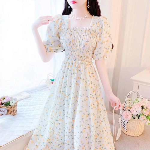 Fat mm plus size tea break French dress for women summer new fairy dress British style square collar super fairy a-line