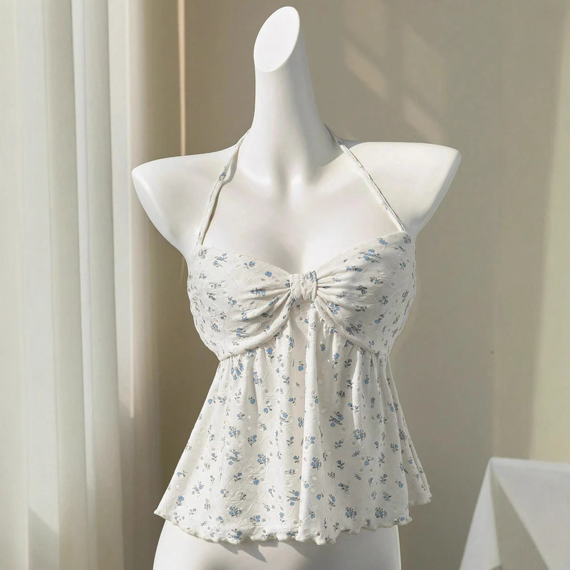 Japanese Sweet and Fresh Lace-Up Floral Camisole Babydoll Top 2025 Summer New Wide Top Trendy