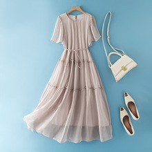 夏季真丝纯色旅游度假长裙桑蚕丝系腰带连衣裙