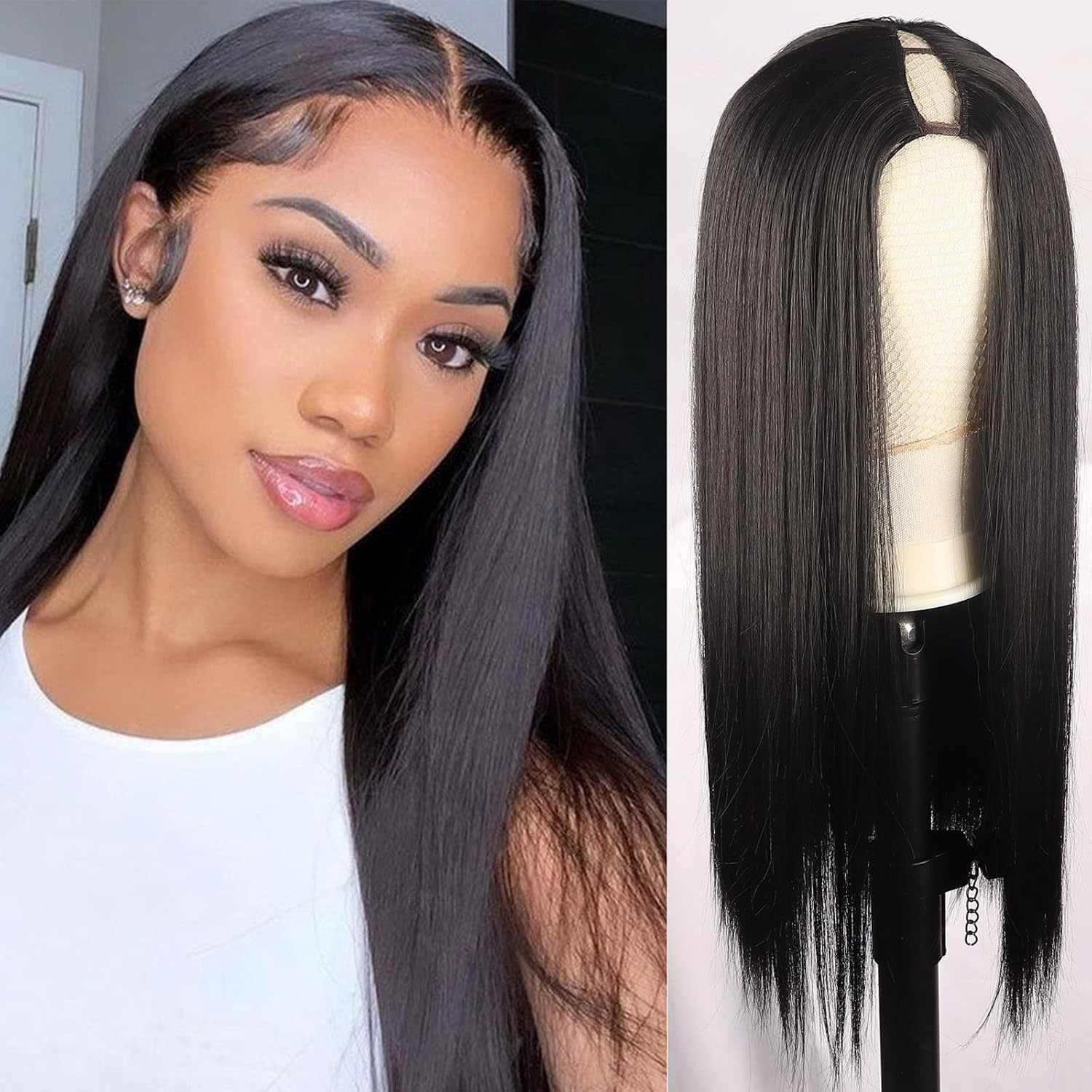 Xuchang Export European and American Fashion Wig Yaki Silk Ladies Black Long Straight Hair U-Shaped Elastic Half-Head Wig Piece