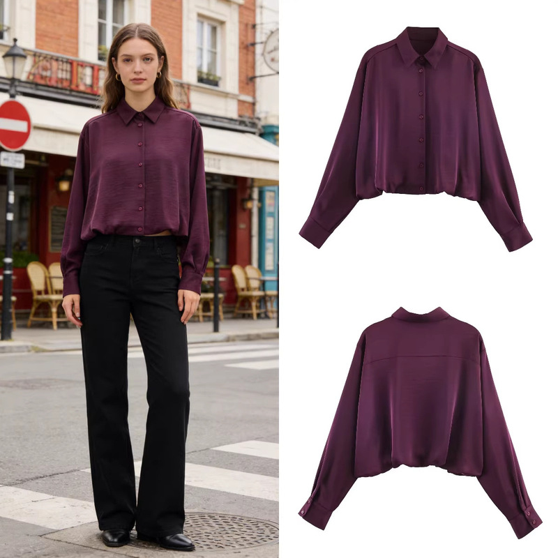Z Brand Foreign Trade Cross-Border Ready Stock European and American Style Women's Clothing 2026 Spring New Balloon Style Silk Satin Texture Shirt