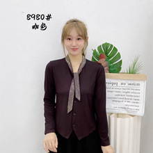 烫钻飘带领针织开衫女2025新款秋季长袖拼接韩系chic别致上衣