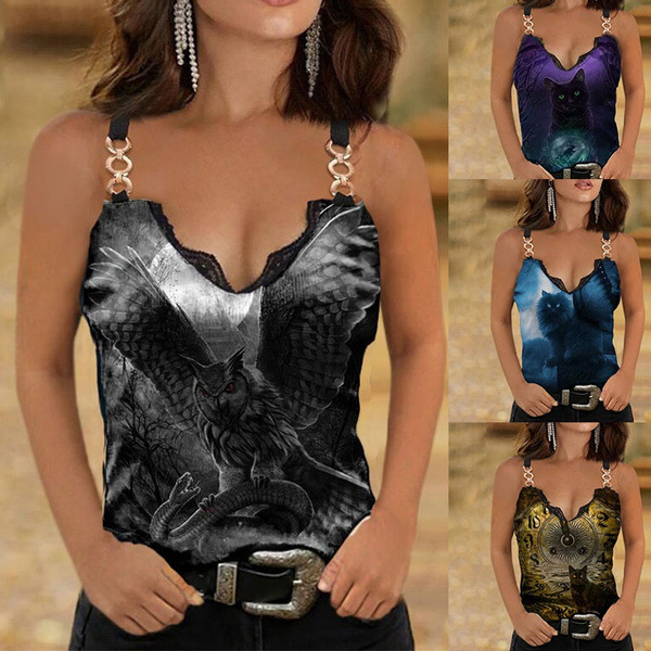 Amazon Aliexpress Cross-Border 2021 Spring and Summer New Lace Decorative V Neck Printed Camisole T-Shirt for Women in Stock