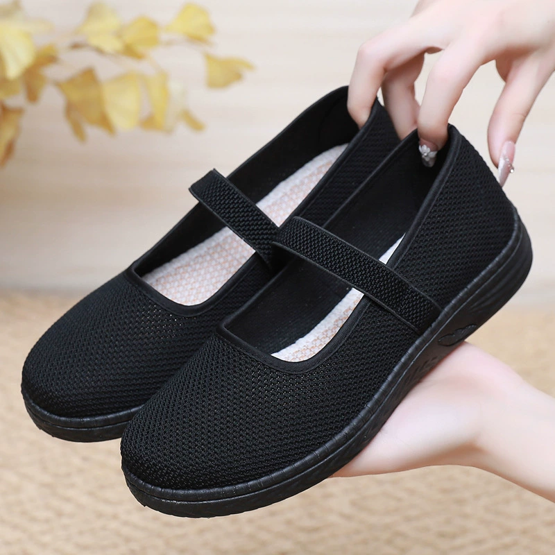 Женские тканевые туфли Old Beijing, тканая сетка, вырезы, дышащие, на мягкой подошве, нескользящие, черные тканевые туфли для среднего и пожилого возраста, женские туфли на плоской подошве