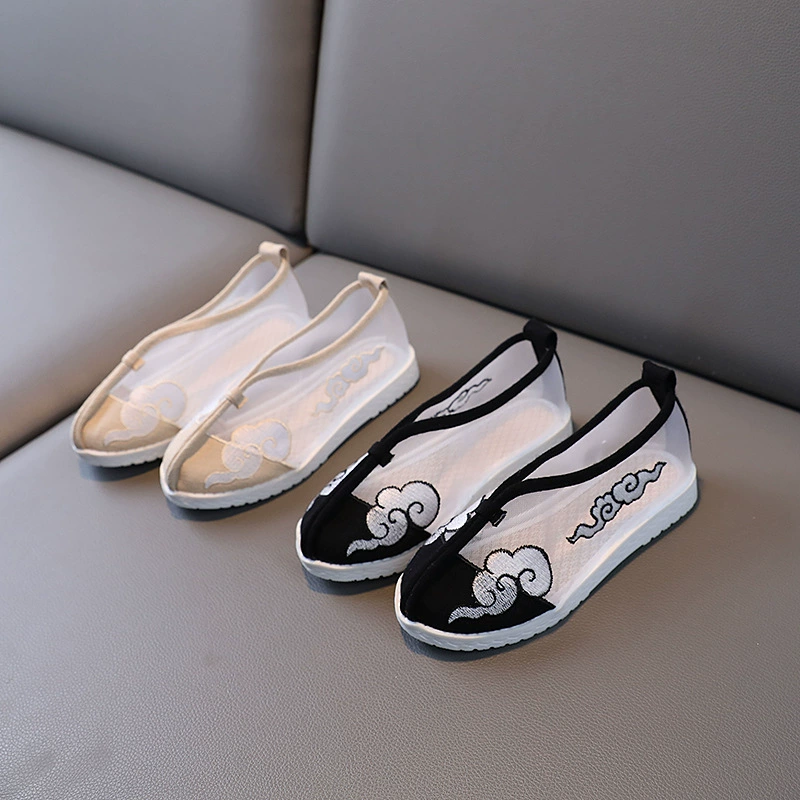 Детская сетчатая обувь для девочек и мальчиков, Тканевая обувь в китайском стиле, винтажный костюм Тан, обувь ханьфу, обувь с вышивкой, летняя полая обувь