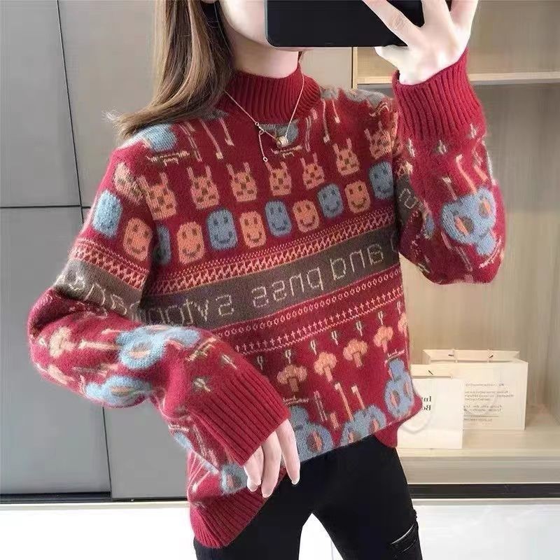 【 Cashmere Family】 Maglione da donna in maglia spessa con cappuccio, collo alto e corto, base in lana larga_voghion.com