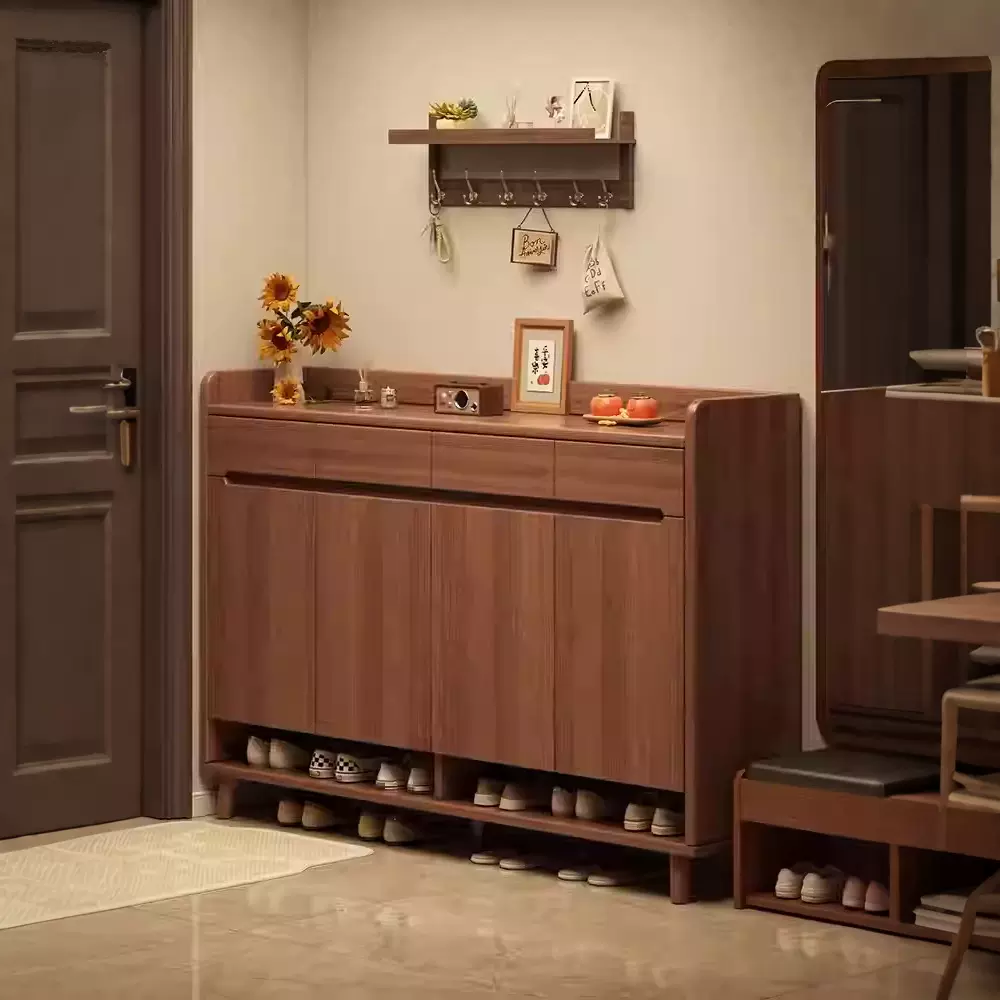 入户实木鞋柜家用门口大容量储物柜新中式靠墙玄关柜一体加厚鞋架