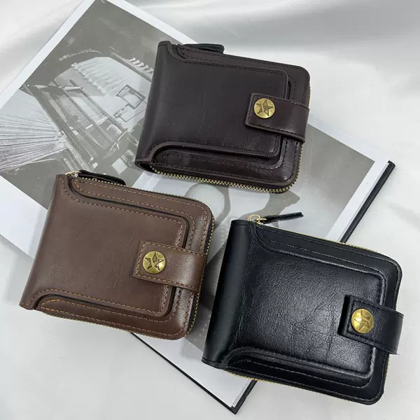 Cross-Border New Product 2024 Retro Men's Short Wallet Horizontal Zipper Multi-Function Card Holder 70% off Buckle Coin Purse