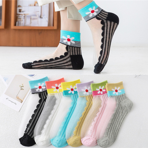 PLUS Summer Crystal Women's Daisy Breathable Bag Solid Color Socks Jacquard Cotton Bottom Anti-Snatch Socks Manufacturer