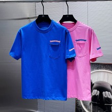 2024春夏新款克罗伈Chrome Hearts多巴胺蓝粉色高品质卷轴短袖T恤