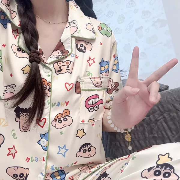 Crayon Shin Couple Pajamas Women's Summer Thin Ice Silk Short Sleeve Cute Cartoon Students Summer Home Clothes suit