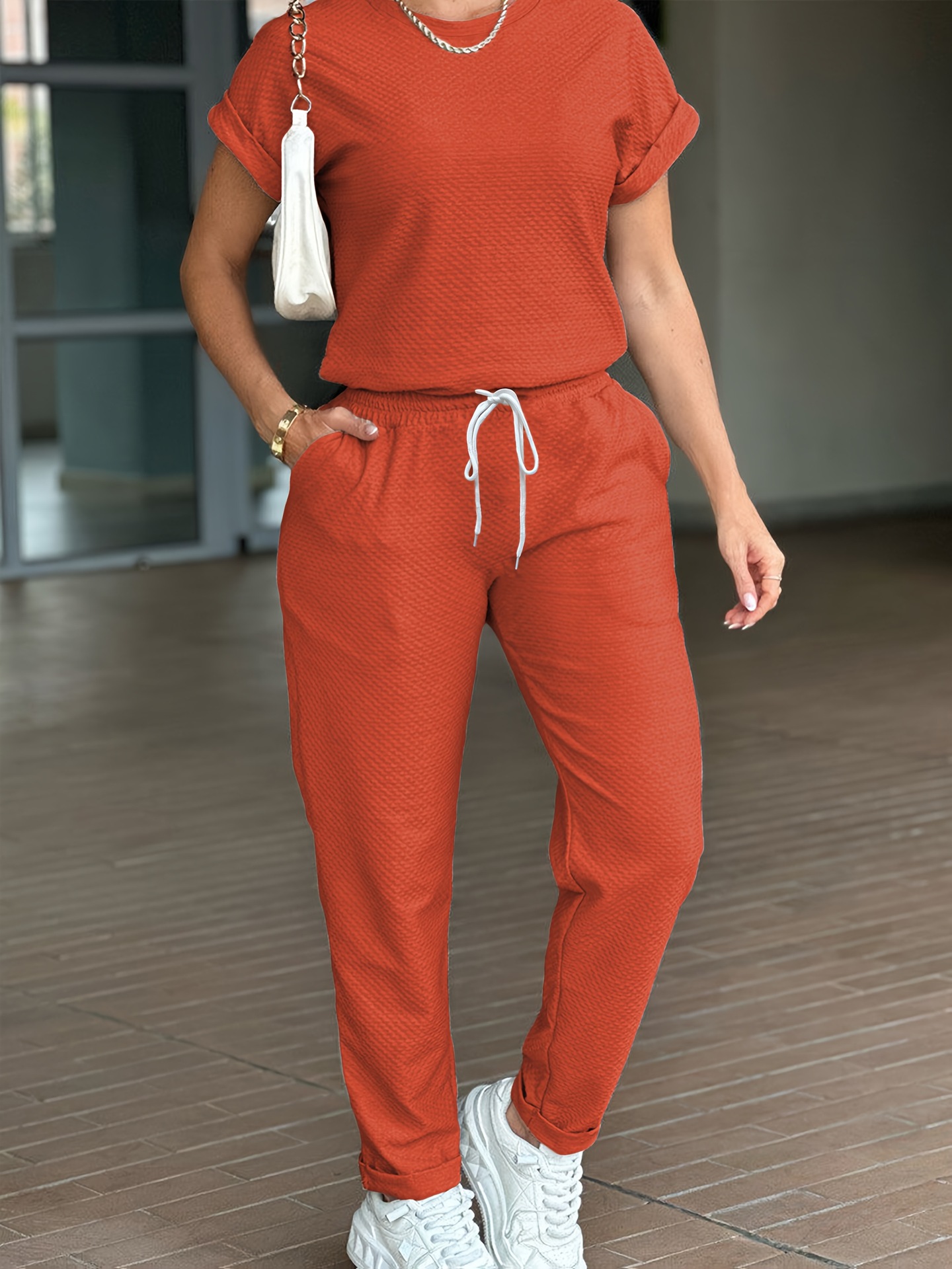 Spring Summer Women's Solid Color Sports Suit Casual Comfortable Style High Waisted Drawstring Top Versatile Short Sleeve_ecoleips.com