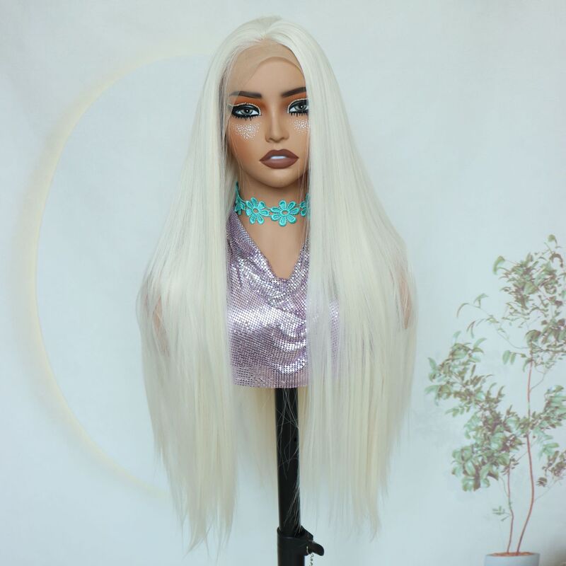 Cream-Colored Synthetic Fiber Lace Front Wig 13*4 Hand-Crocheted New Style Long Straight Hair Near the Waist Area Cream-Colored Synthetic Fiber Lace Front Wig 13*4 Hand-Crocheted New Style Long Straight Hair Near the Waist Area