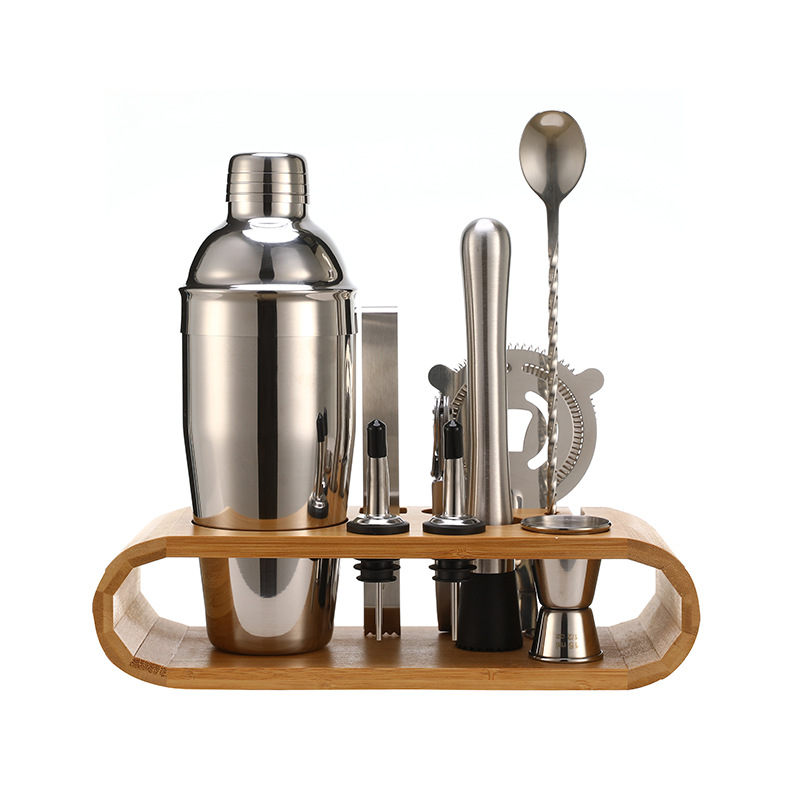 Cóctel de acero inoxidable transfronterizo herramienta de barra de 10 piezas base de marco de madera ovalada 750ML traje Shaker