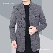 秋冬薄绒中长款外套立领夹克商务毛呢外套男休闲修身男士秋冬大衣