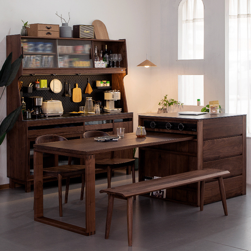 Black walnut wooden island table dining table integrated retractable household rock plate Middle Island table separate kitchen cabinet solid wood bar counter