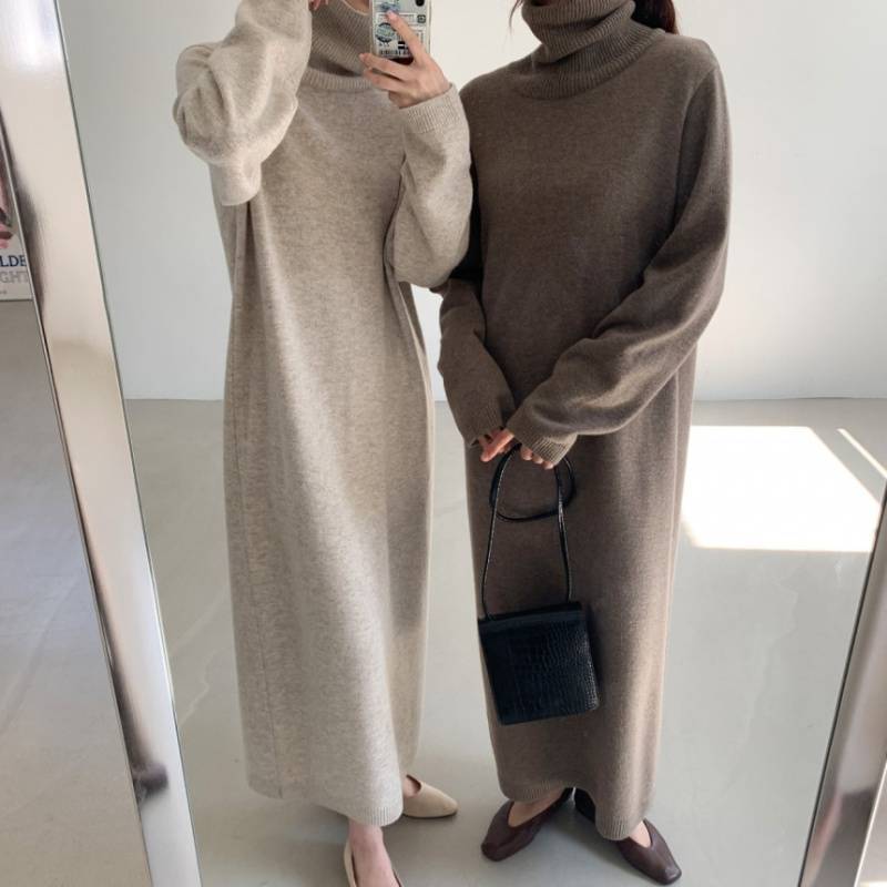 Gentle Girl High-Neck Straight Long Dress Japanese Korean Autumn and Winter Base Sweater Lazy Style Loose Knit Dress