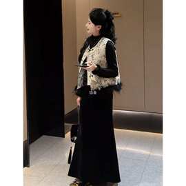 新中式国风提花毛毛拼接马甲女2026春季新款水墨画叠穿无袖坎肩潮