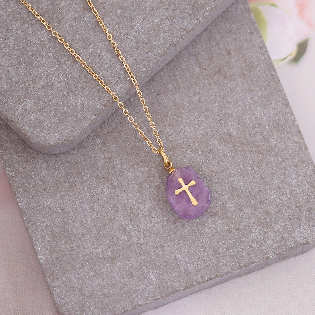 Fashion Cross Stainless Steel Natural Stone Plating Pendant Necklace display picture 4