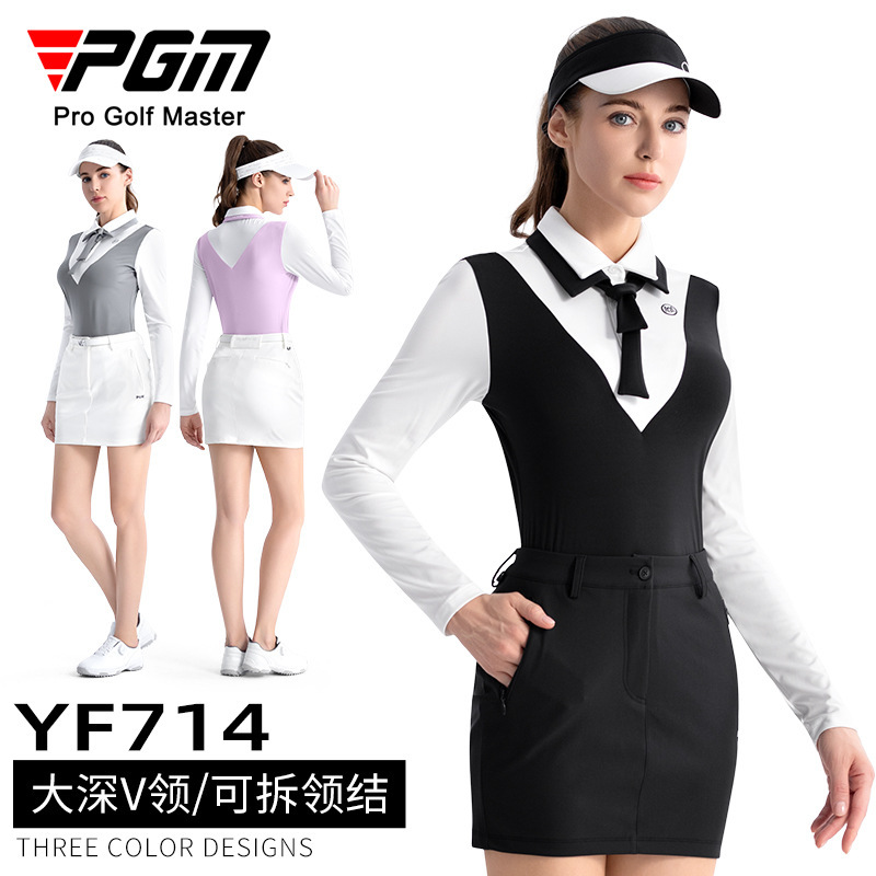 PGM Golf Clothing Women's T-shirt High Elastic POLO Top Deep V Long Sleeve Hip Skirt Sports Women's T