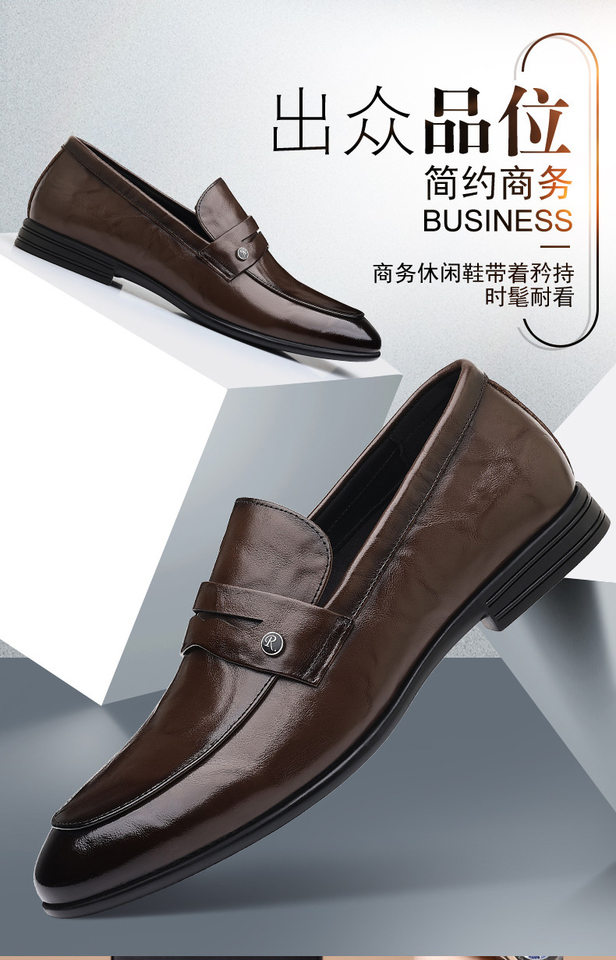 Giày lười nam da bò thật mũi nhọn, đế bằng gót thấp, kiểu xỏ chân thoải mái — Màu nâu, màu đen chi tiết 2
