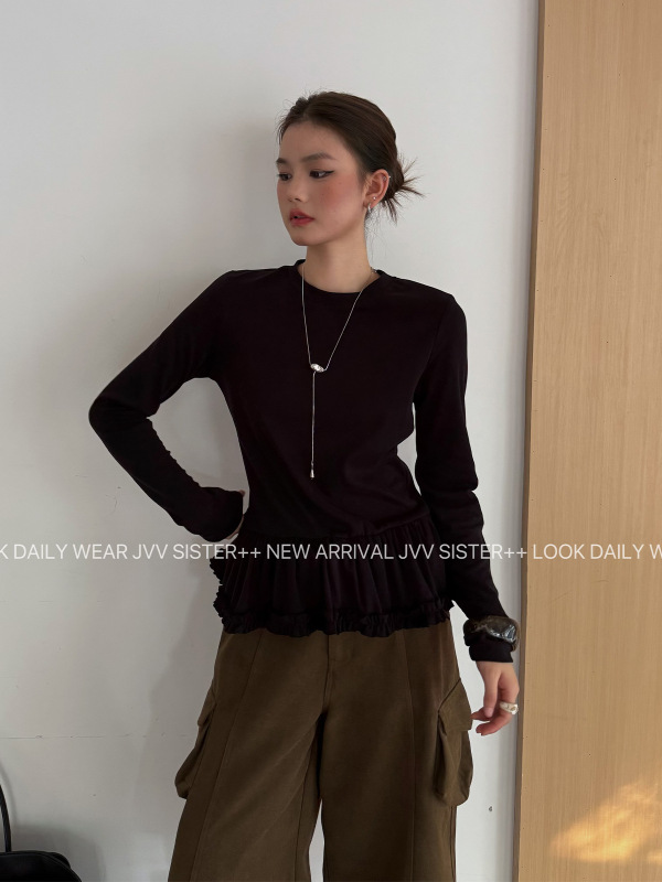 JVV十三行2025年秋季新款芭蕾风花边拼接下摆显瘦长袖T恤女90652|undefined