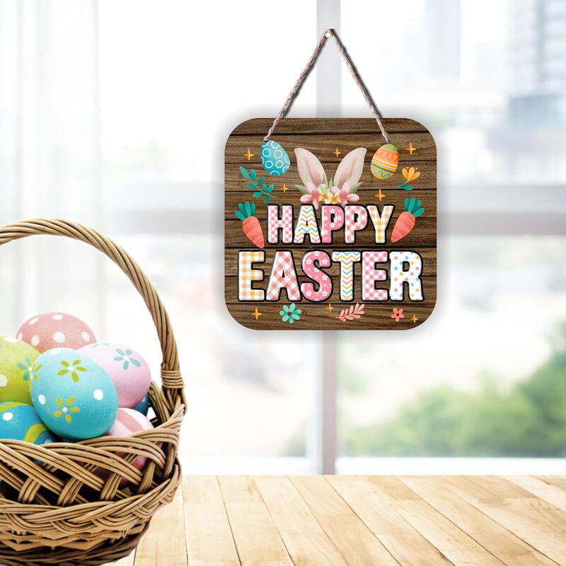 Easter Happy Rabbit Ears Square Decoration Religious Wooden Hanger Front Door Home Interior Exterior Wall Decoration