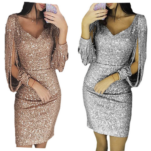 New European and American V-neck shimmery fringe long-sleeved bodycon maxi dress, elegant and professional commuting attire