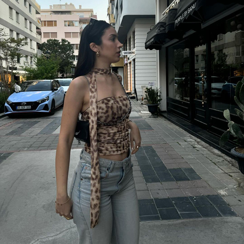 112g Weight Polyester Fabric Type Short Top Length Bandeau Tops Type Holiday Occasion Strapless Neckline Slim Fit Type Leopard Pattern Summer Season Women's Gender Backless Design Sexy, Streetwear Style Wholesale Women's Sexy Streetwear Leopard Backless Tank Tops 11