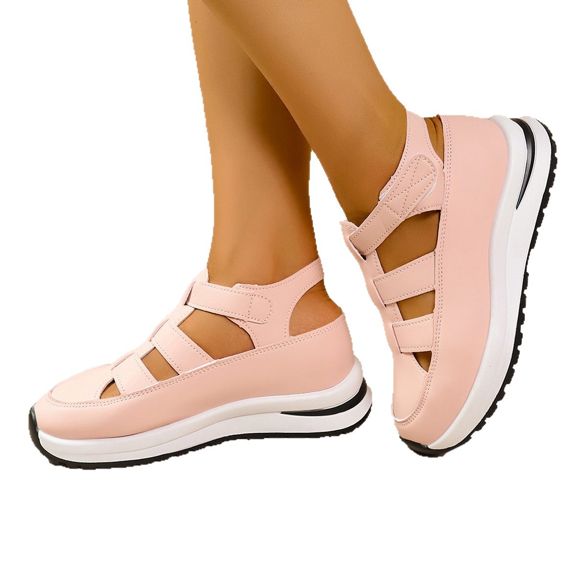 Comercio exterior de tamaño grande sandalias de talón de pendiente hueca verano 2025 nuevo velcro muffin grueso interior zapatos de altura de mujer 43