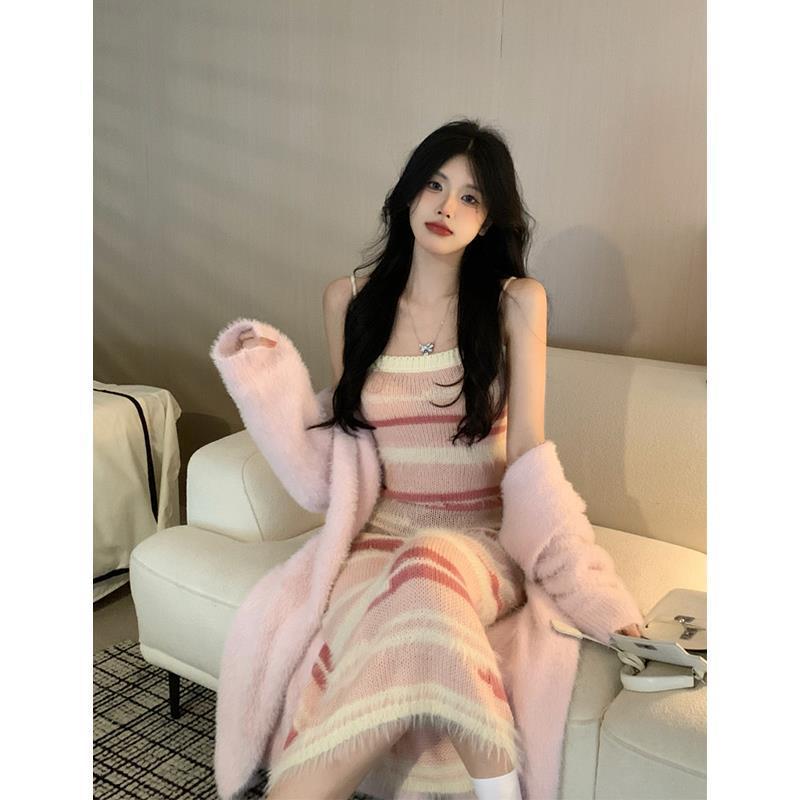 Pure Desire Color Block Strap Knit Dress with Water Fox Fur Long Sleeve Sweater Jacket for Women - Autumn New Style Fashion Set
