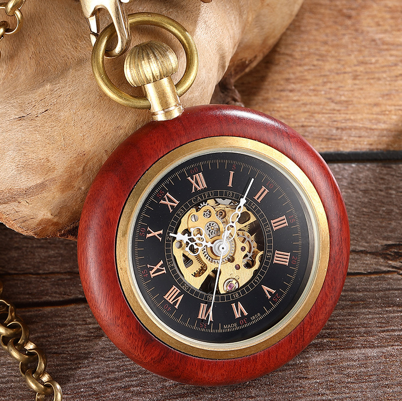 New red copper wooden Roman graduated pocket watch retro wood grain straight plate without cover manual mechanical pocket watch foreign trade hot sale