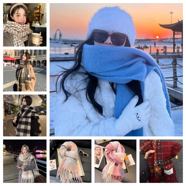 Collection of New Autumn and Winter Mohair Solid Color Scarves, Korean Style Atmospheric Scarves, Enlarged and Thickened Shawl Scarves Wholesale