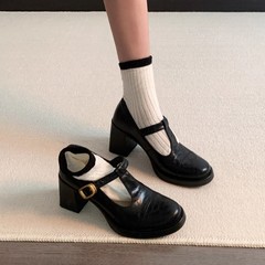 现货版~高跟玛丽珍鞋T字扣带复古风圆头粗跟小皮鞋女通勤气质单鞋