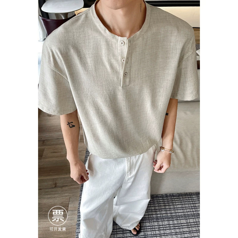 Old Money Style Faux Linen Henley Collar Short-Sleeve Textured Shirt T-Shirt, Lightweight and Cool Summer Men's Versatile Polo Shirt Old Money Style Faux Linen Henley Collar Short-Sleeve Textured Shirt T-Shirt, Lightweight and Cool Summer Men's Versatile Polo Shirt