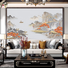 新中式墙布日康山水墙画背景墙客厅卧室无缝墙布鸿运当头壁纸壁画