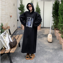 韩国chic2024冬季新款韩版复古抽象字母长款连帽加绒卫衣连衣裙女