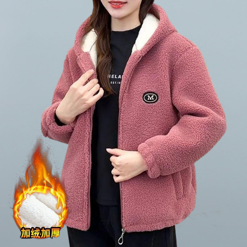妈妈秋冬装加绒加厚颗粒绒棉衣时尚中年女羊羔绒保暖连帽棉袄外套