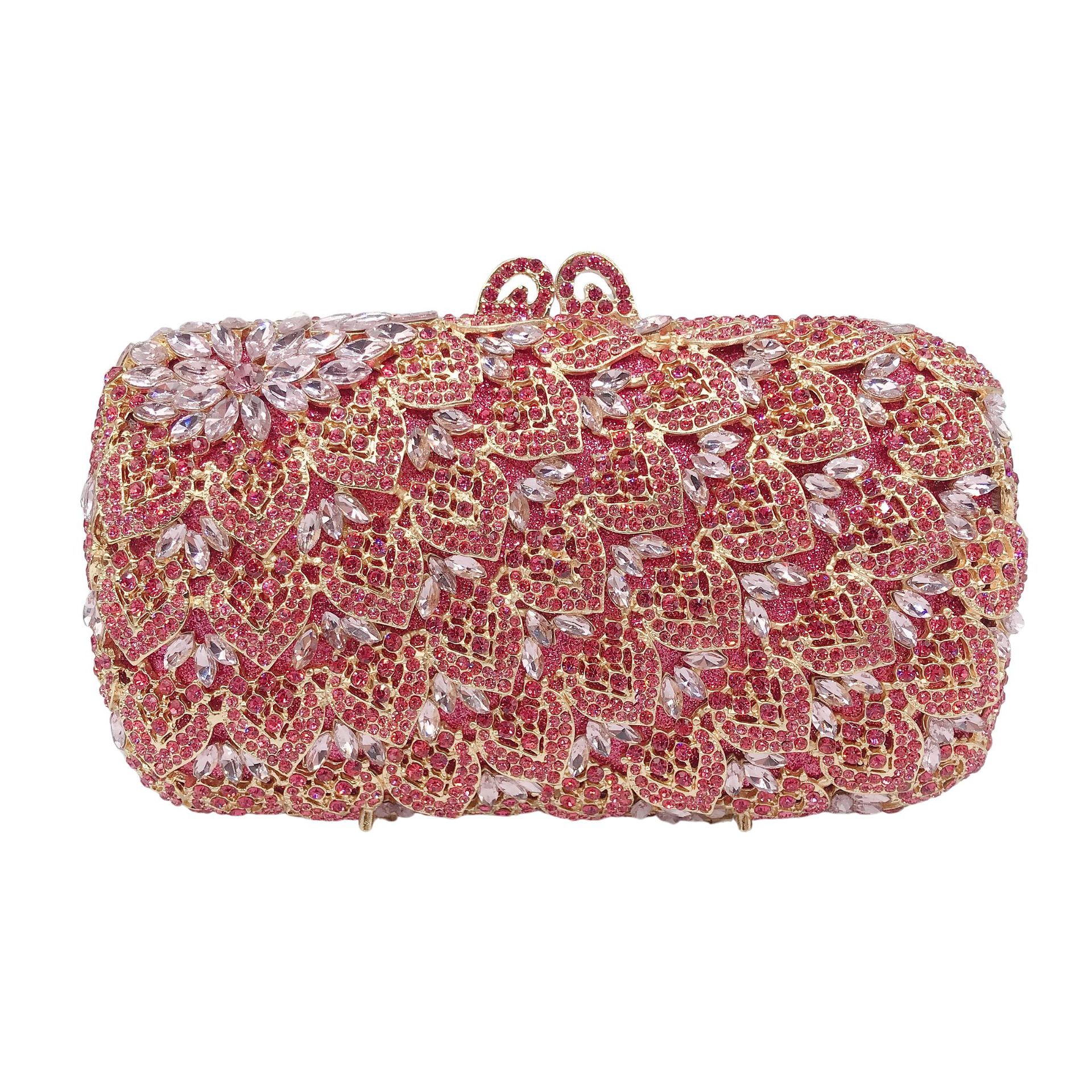 Túi clutch nữ đính đá dạ hội cầm tay kim loại lấp lánh — Màu hồng, Màu tím đen, Màu đen, Màu vàng nhạt
