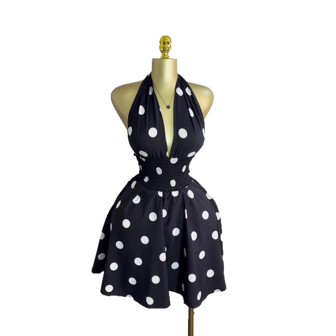 Women's Polka Dot Backless Wrap Dress – Sleeveless V-Neck Mini Dress With Adjustable Waist Tie (Summer Trend)_ecoleips.com