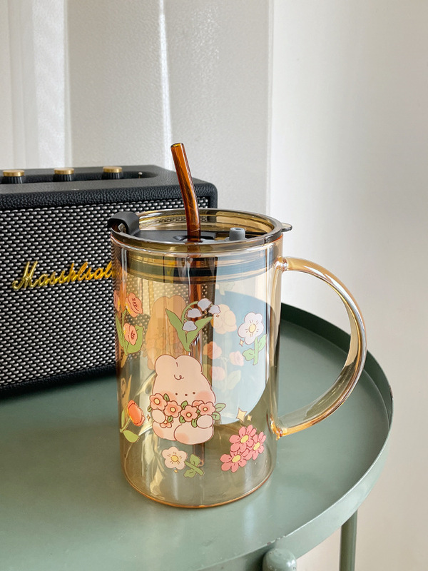 1000ml water cup large capacity amber heat-resistant glass cup student drinking cup with lid with sippy cup office