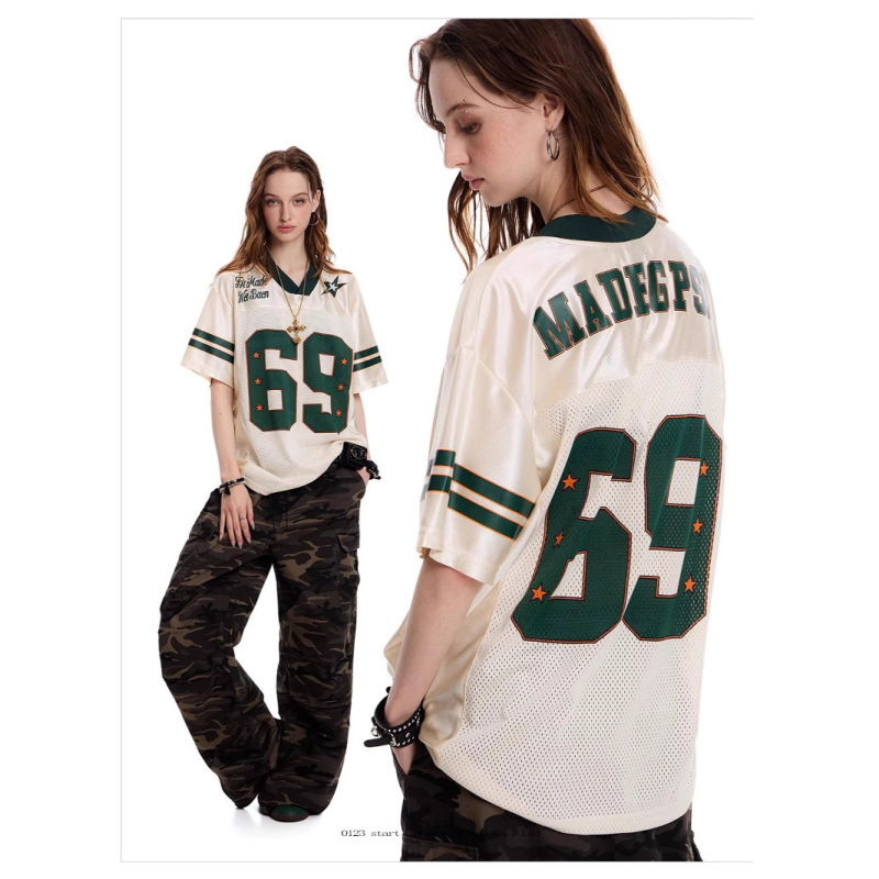 American Retro Short-Sleeved Jersey Women's T-Shirt Summer High Street Contrasting Color Stitching Mesh Loose Sports V Neck Jersey Top