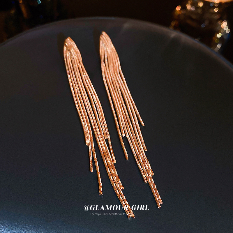 Pendientes largos de borla de cadena de aguja de plata Pendientes de alto grado de lujo ligero europeo y americano Pendientes de diseño de moda exagerada de nicho