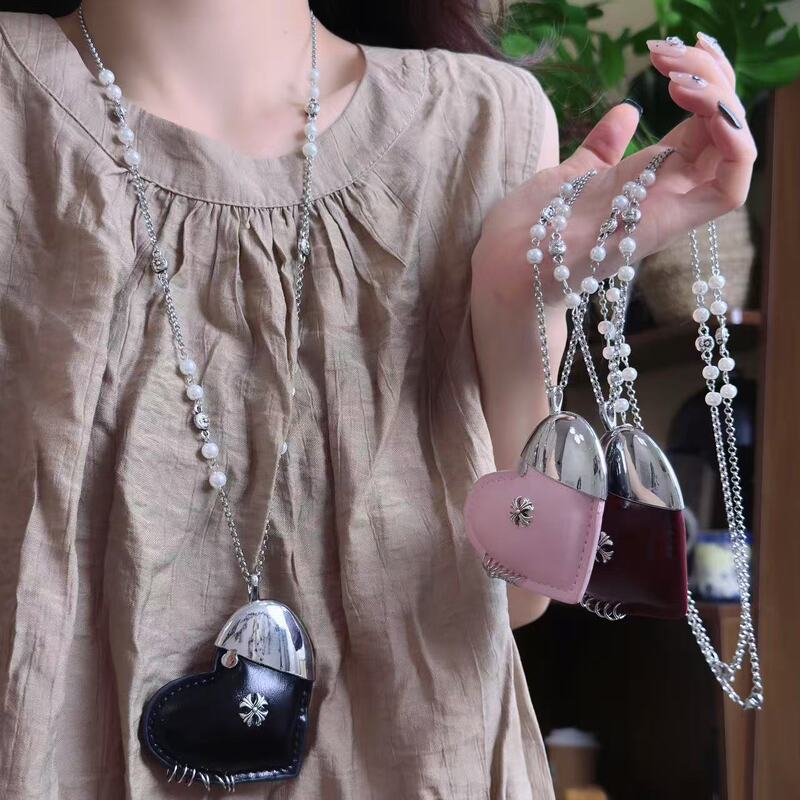Sweet and Cool Spicy Girl Creative Cross Leather Heart Necklace for Women, Long Neck-Hanging Pearl Splicing Sweater Chain Trendy Sweet and Cool Spicy Girl Creative Cross Leather Heart Necklace for Women, Long Neck-Hanging Pearl Splicing Sweater Chain Trendy