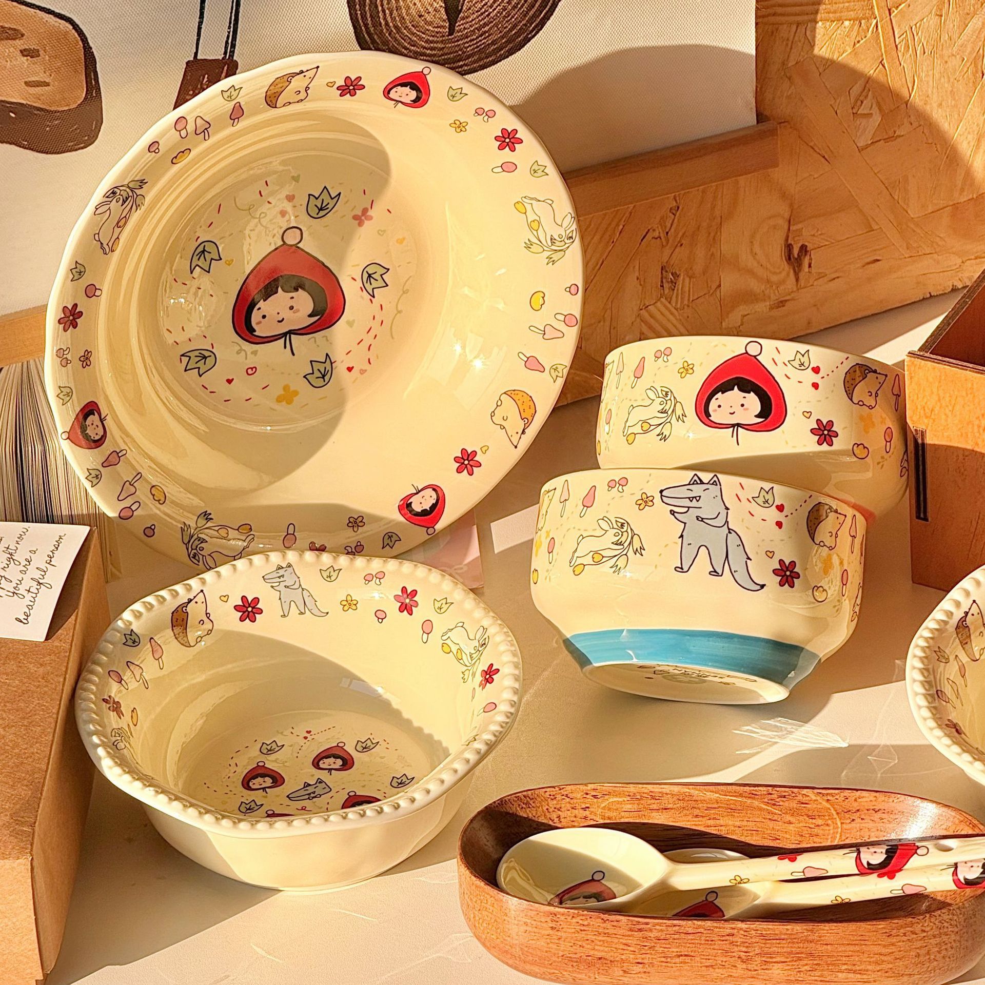 超可爱情侣卡通餐具套装!小红帽和大灰狼~陶瓷餐具碗盘勺餐具系列